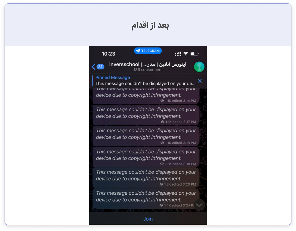 نمونه کار بعد از محافظت از مالکیت فکری پیام های صفحه چت کانال تلگرام